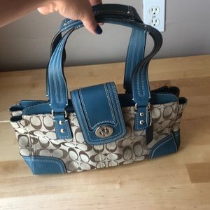Blue Leather and Fabric Coach Shoulder Bag
